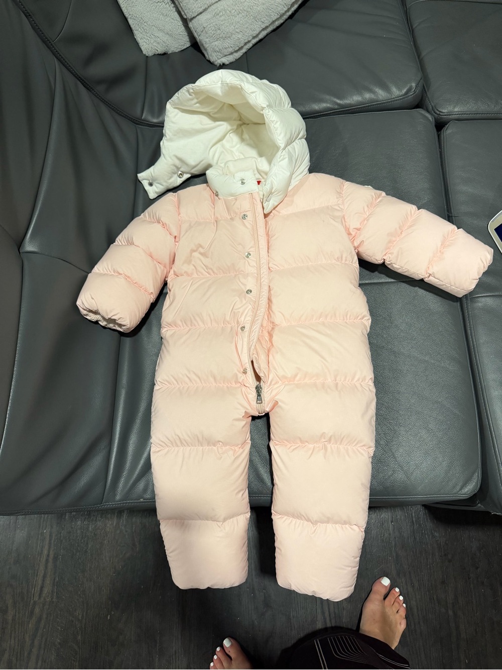 Moncler Baby Puffer One-Piece in Pale Pink with White Hood
